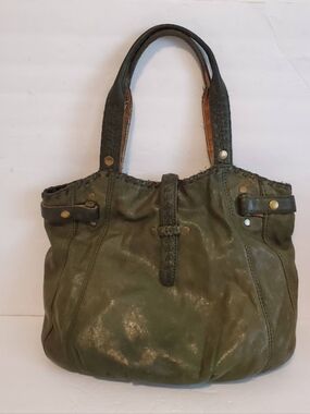 Lucky Brand Olive Green Soft Italian Leather Laced Hobo Tote Book Shoulder Bag